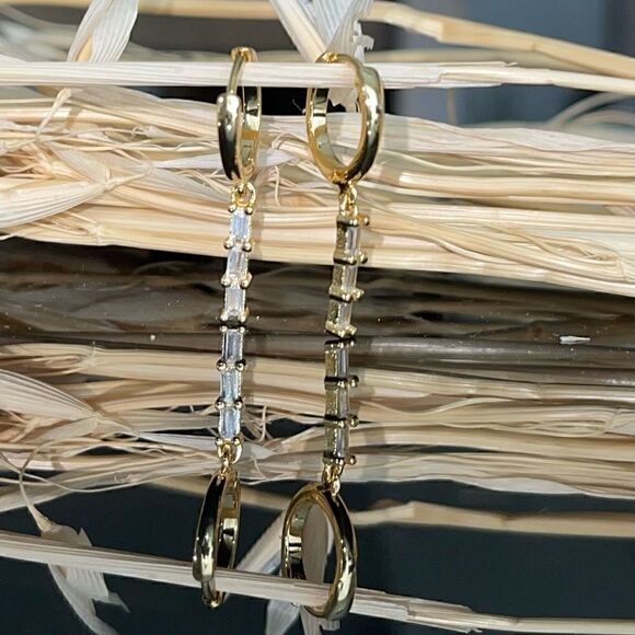 Gold Plated Dangle Huggie Hoop Earrings Dainty Minimalistic Silver CZ gems - Picture 3 of 3